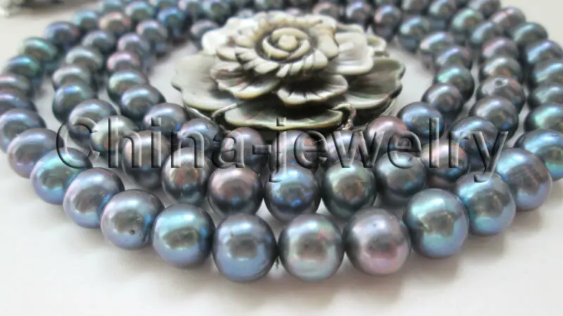 

3row 17-19" 8-9mm natural black round freshwater pearl necklace - flower