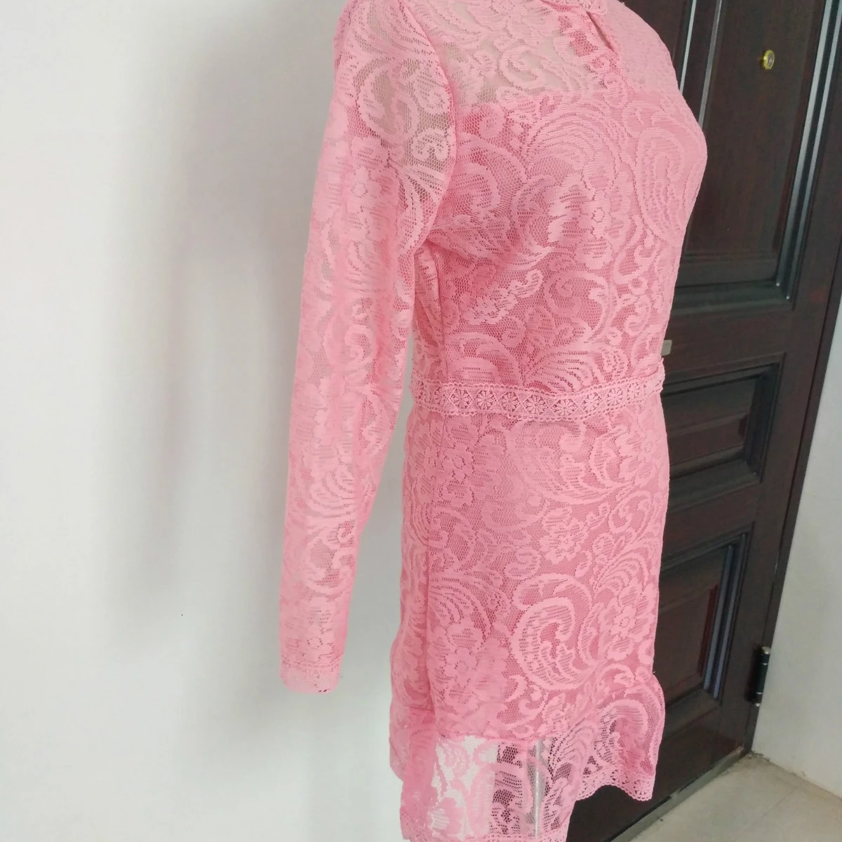 High Quality Elegant Hollow Out Lace Dress Women Long Sleeve Autumn Style Midi-calf Pink Spring Party Vestidos | Женская одежда