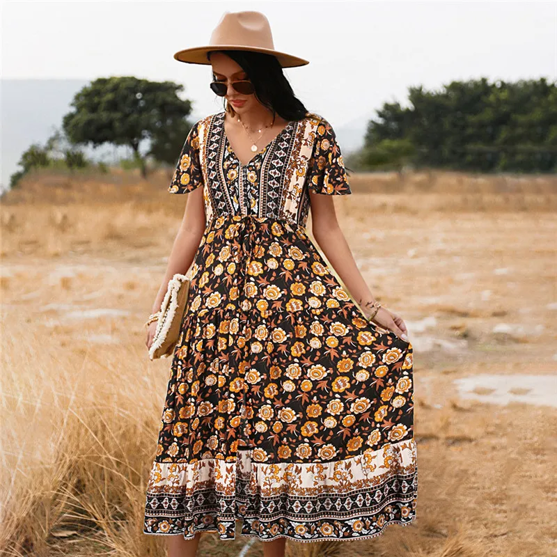

2021 Spring New Floral Dress Women Casual V Neck Holiday Style Short Sleeve Print Dress Ladies Summer Elegant Long Dresses