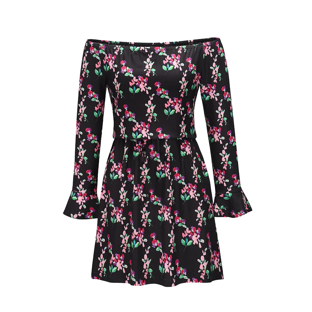 

Sexy Off-Shoulder Floral Print Mini Dress For Women 2021 Spring Summer Elegant Long Sleeve Slim Elastic Waist A-Line Dresses
