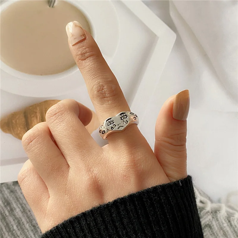 Винтажные Открытые Кольца серебряного цвета с черным сердцем и лицом плаккью для