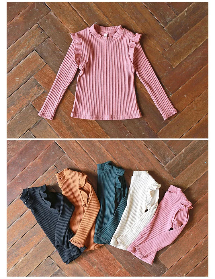 

2020 Autumn New Arrival Girls Long Sleeve Ribbed Cotton Tops Kids Long Lace Sleeve Candy Color T Shirt Girls Ruffles Blouse Top