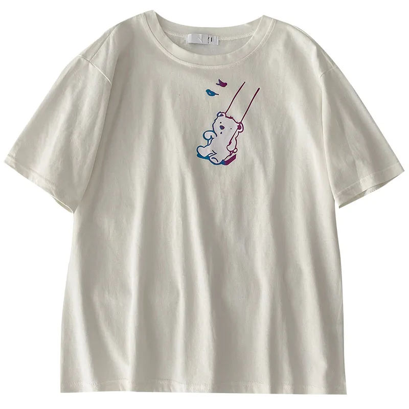 

Kimutomo 2021 Summer New Fashion T-shirt Female O-neck Short Sleeve Tops Girls Sweet Cartoon Printing Korean Chic Casual