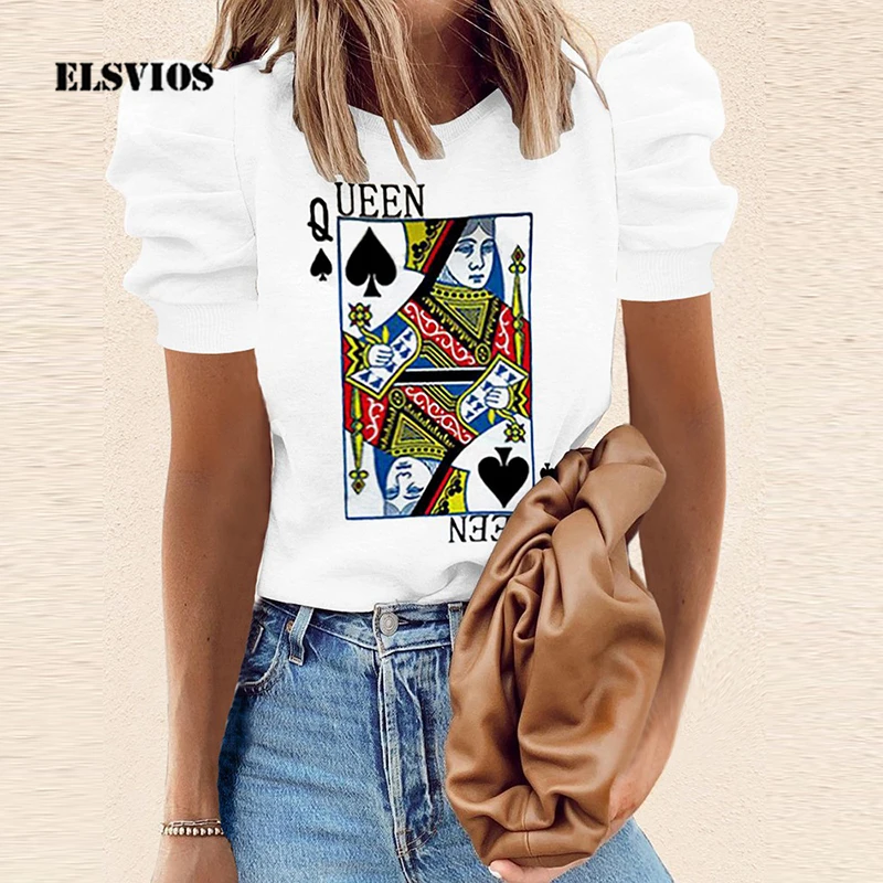 

Casual Women Tops Lovely Love Eye Lips Playing Cards Print Blouse 2021 Summer Ladies O-neck Short Sleeve Hedging Office Blouses