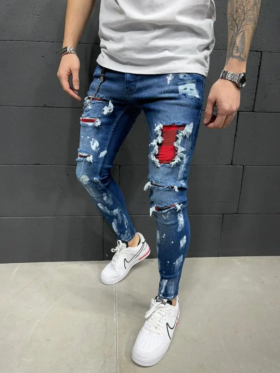 

Premium Blue Checkered Patch Cut Men's Jeans