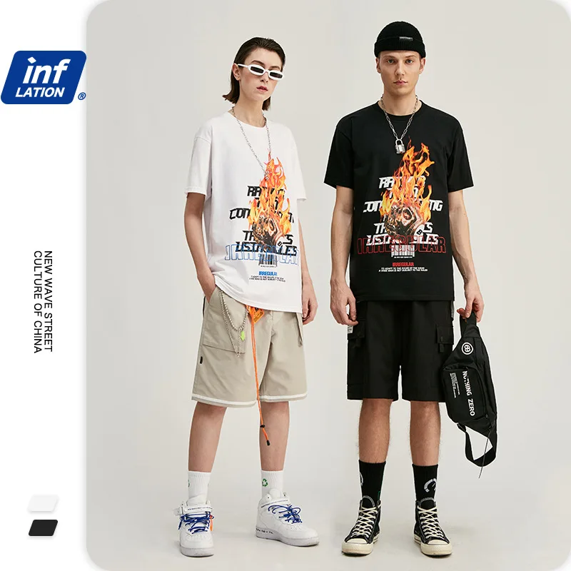 

Fashion Dark Flame Skull Printed Middle Sleeve T-Shirt High Street Trend Hip-Hop Cotton Unisex T Shirt NO40