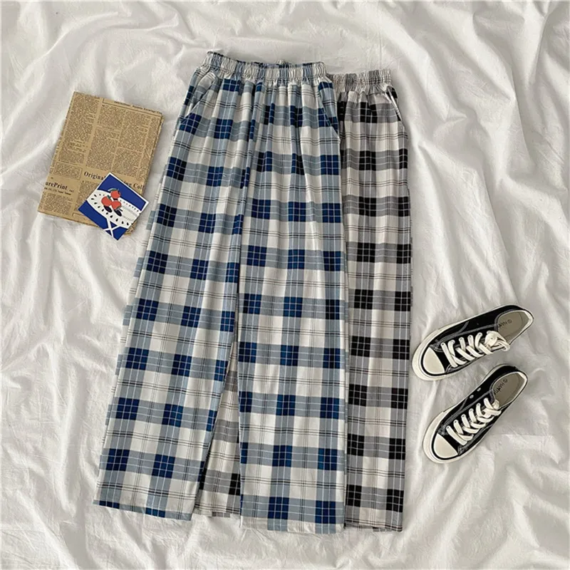 

Summer simple female straight vintage plaid casual pants harajuku women loose sweatpants new fashion spring high waist pants new