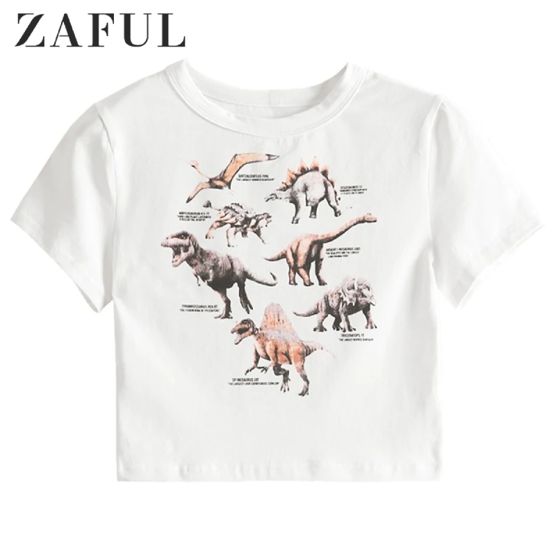 

ZAFUL Women Dinosaur Graphic Slim Crop Tee Round Neck Animal Print Tee Sexy T-Shirts Short Top Elastic Summer 2020 Fashion New
