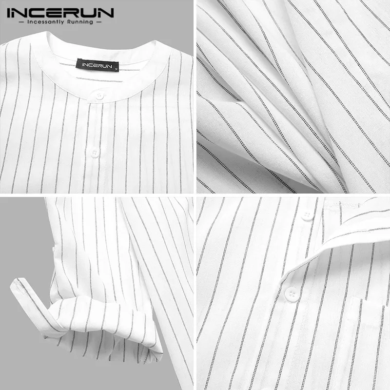 

INCERUN Long Sleeve Stand Collar Camisa 2021 Spring Men Leisure Striped Shirts Casual Button Blouse Man Loose Pocket Shirt 5XL 7
