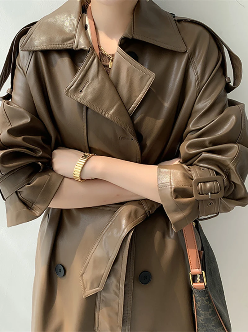 Женский Длинный тренчкот с поясом черная кожаная ветровка длинным рукавом и