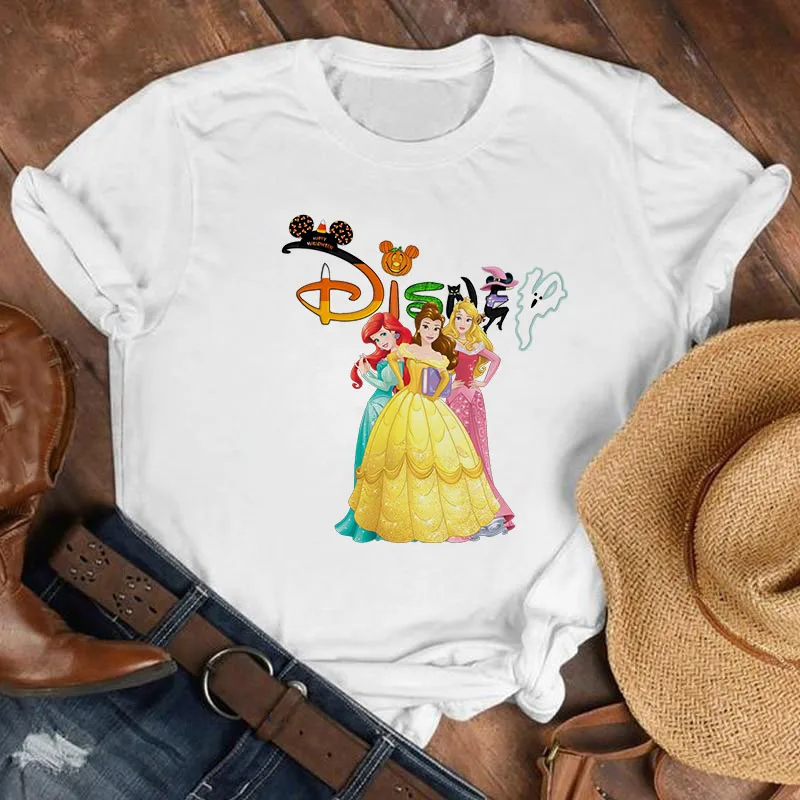 

New Disney Princesses T Shirt Women Kawaii Summer Cartoon White Short Sleeve T-Shirts Ladies Harajuku Graphic Tee Female Clothes