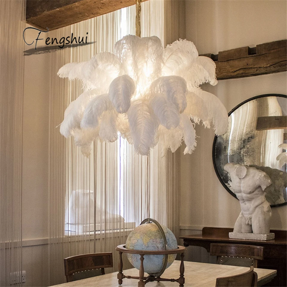 

Modern Ostrich Feather LED Pendant Lights Retro Villa Hanging Lamp Living Room Bedroom Home Decor Light Fixtures Indoor Lighting