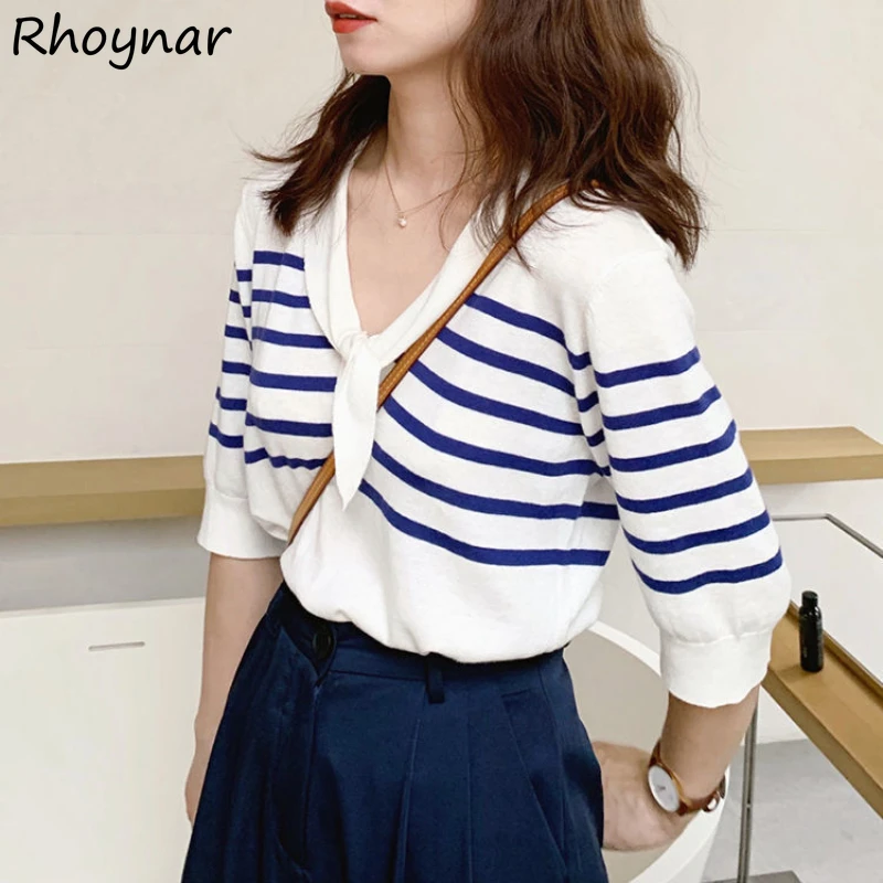 

T-shirts Women Striped Summer All-match Students Korean Style Stylish Vintage Design Streetwear Simple Female Casual Basic Soft