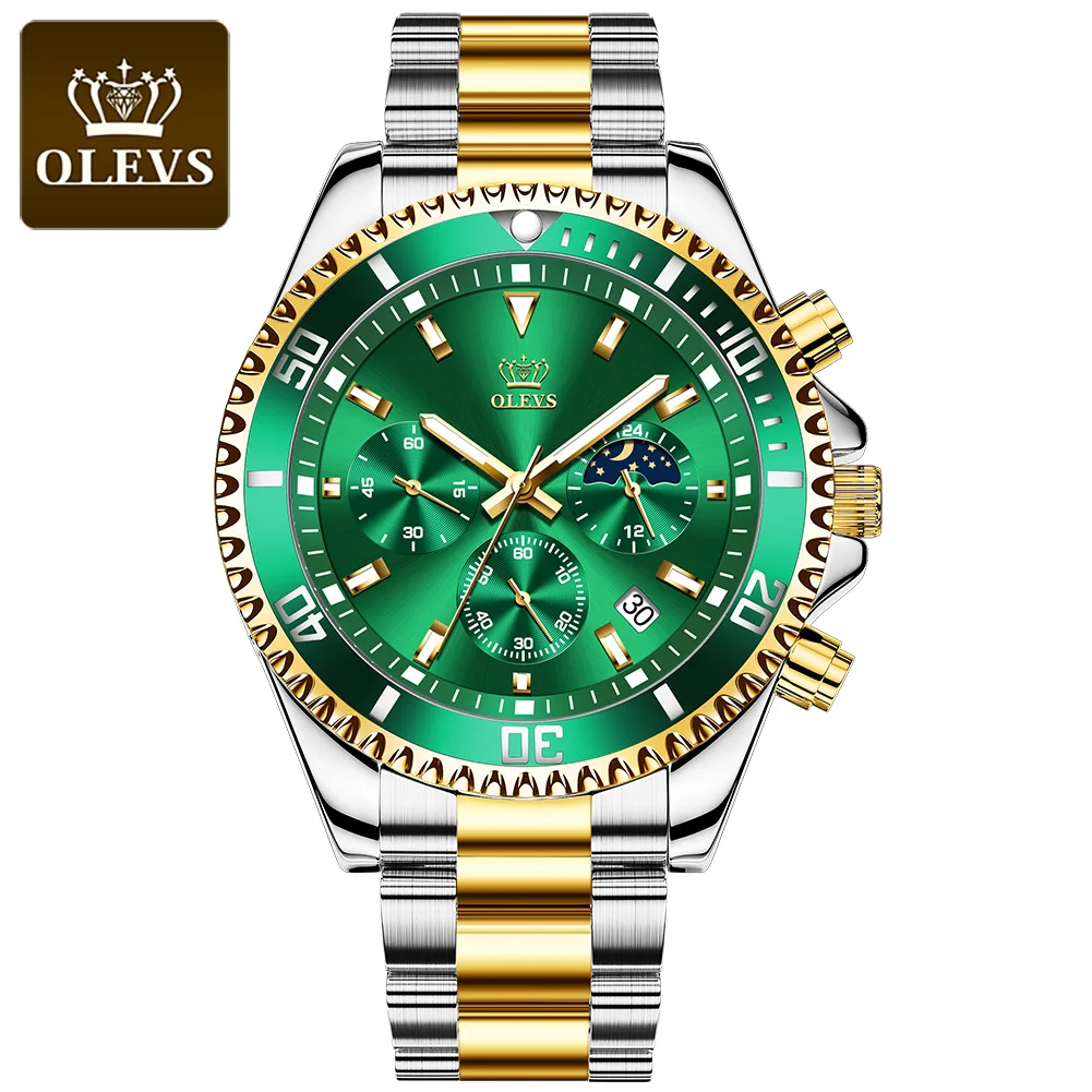 

OLEVSOLEVS Men's Watch Waterproof Stainless Steel Luminous Calendar Movement Green Water Ghost Big Dial Sports Men Quartz Watch