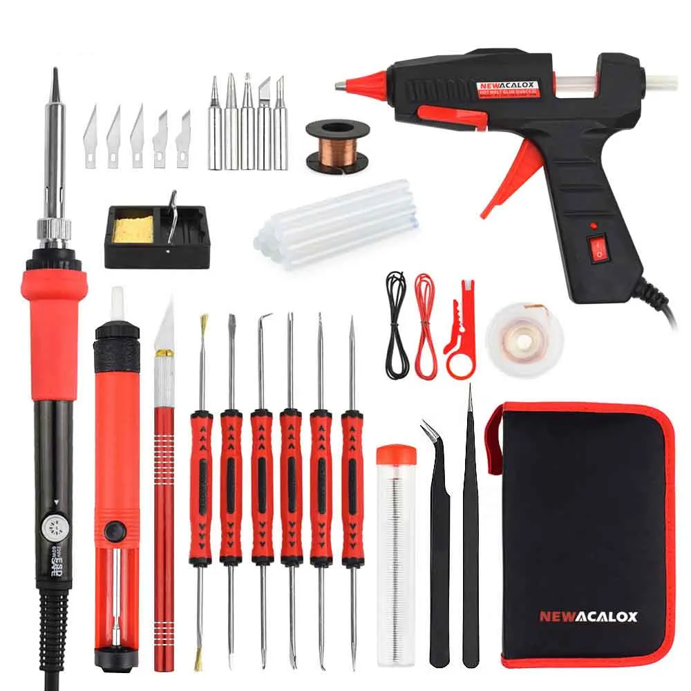 N-T02REU-15PC Электрический паяльник NEWACALOX EU/US Plug 60 Вт с регулируемой температурой, набор 20 Вт 7 мм, клеевой пистолет, портативный сварочный ремонтный набор инструментов - Цвет: N-T02REU-15PC
