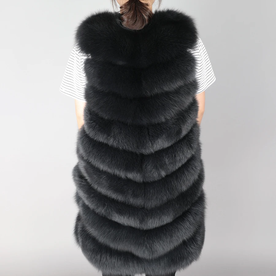 Bust 140cm Women Real Fox Fur Vest Long Fashion Luxury Coat Female Genuine Fur Jacket Warm Lady Gilet