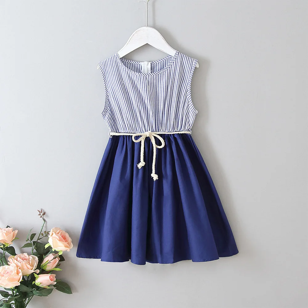 

Selling New Summer Crew Neck Sleeveless Cotton Stripe Lace Pullover Korean Version 2021 Blue Fashion Chao Fan Girls' Dresses