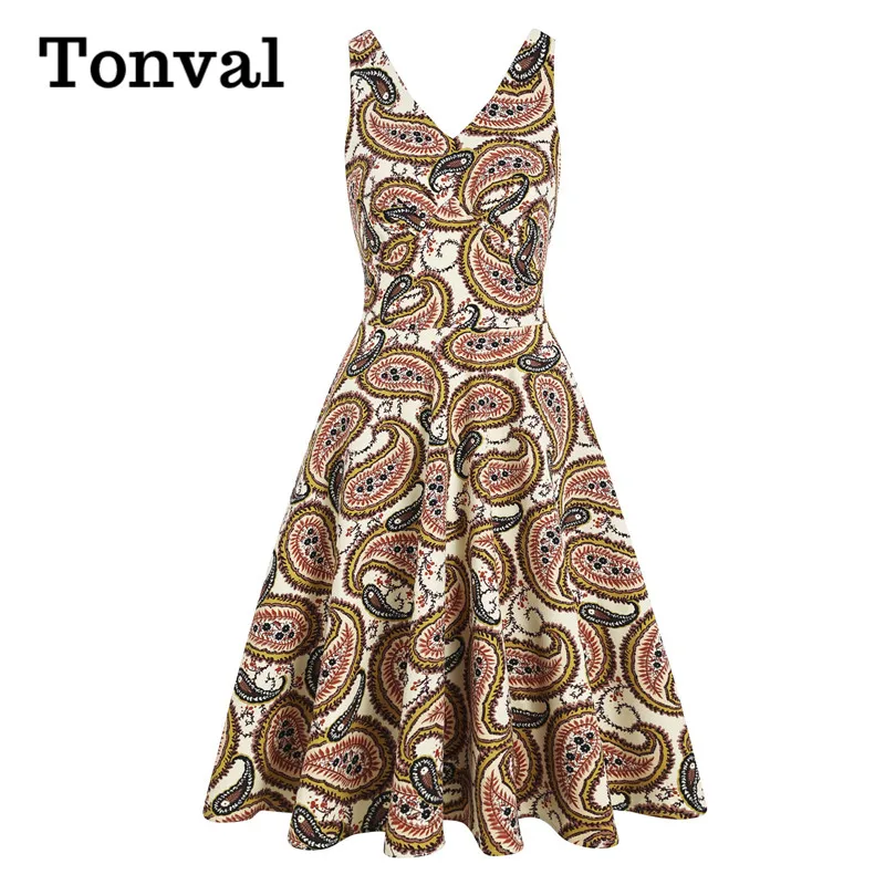 

Tonval V-Neck Paisley Print Vintage Style Women Summer Party Slim Tank Dress Backless 50s Pinup Fit and Flare Ladies Dresses