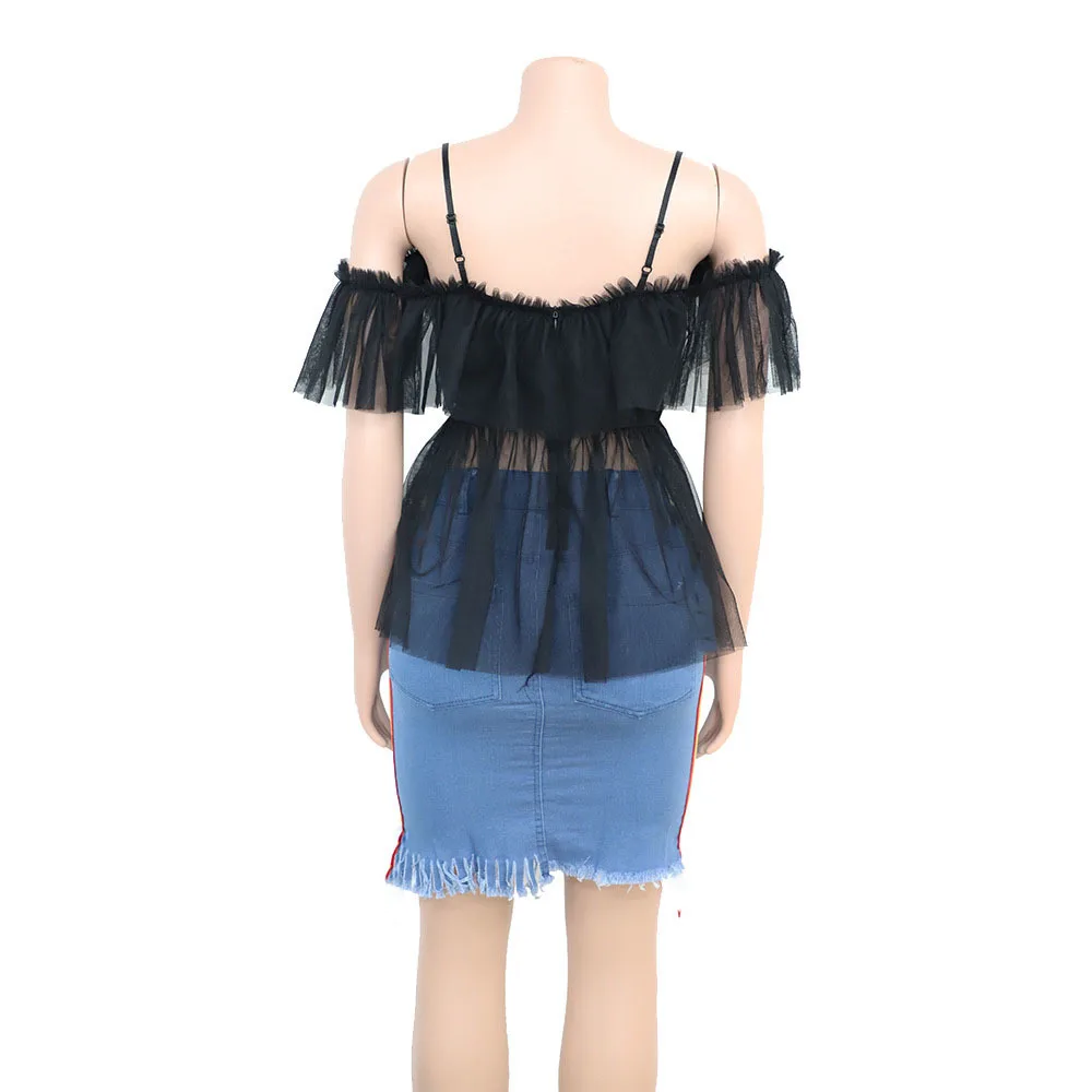 Fashion Women Off Shoulder Layer Mesh Blouses Sexy Summer Spaghetti Strap Backless Top Female Vintage Lace Up Ruffle Shirt