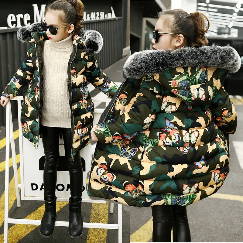 

Winter Long Style Winter Keep Warm Girls Jacket Camouflage Cartoon Butterfly Plus Velvet Heavy Hooded Windbreaker Coat For Girl