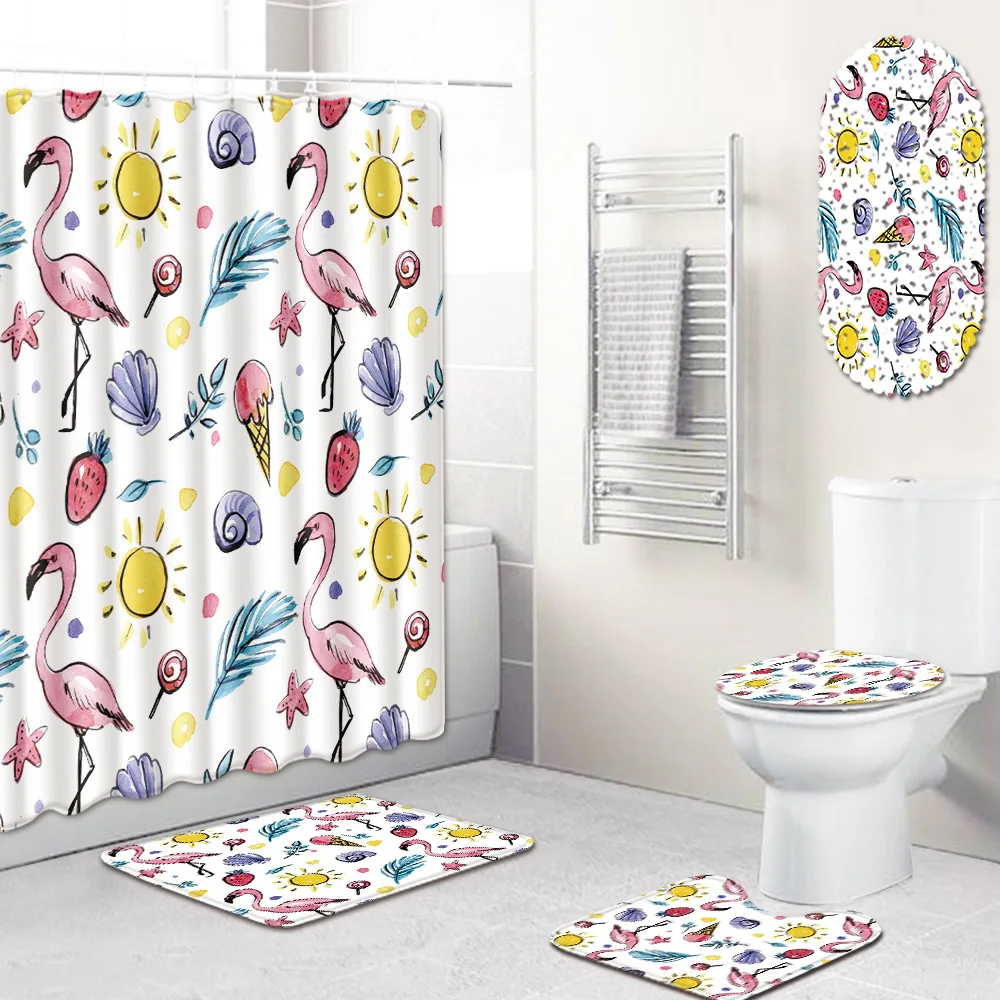 

3D Flamingo Digital Printing Waterproof Shower Curtain Polyester 4 Piece Carpet Cover Toilet Cover Bath Mat Pad Set Bathroom