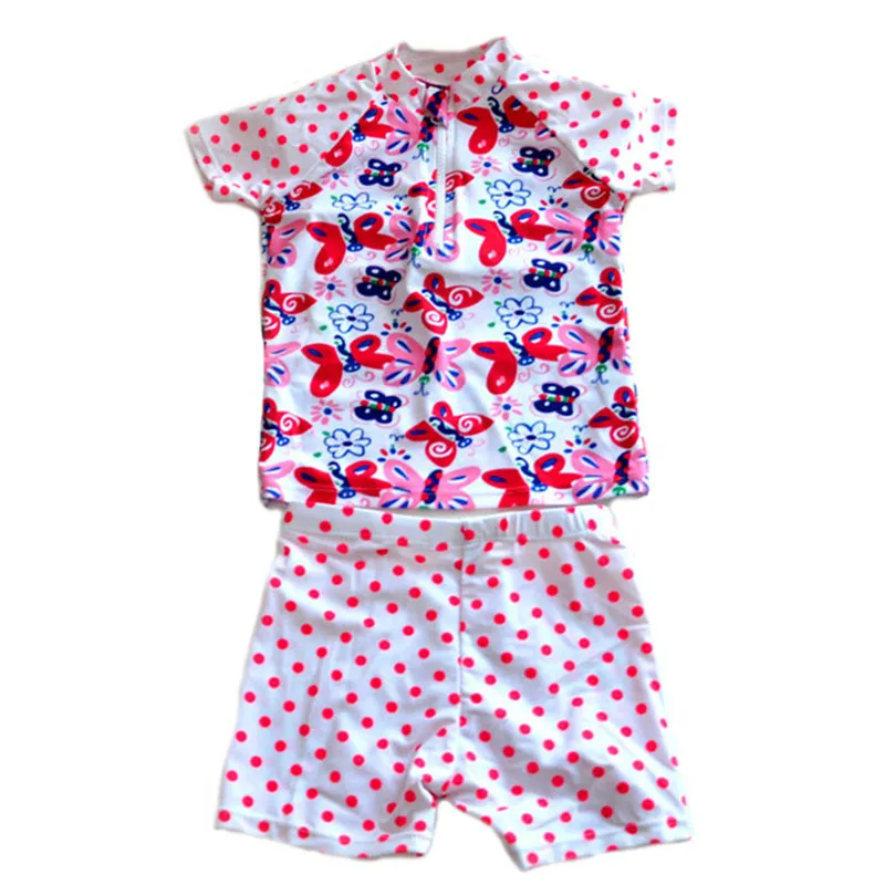 

Girls Two Pieces Swimwear Kids Short Sleeve Surfing Suit Butterflies and Dots Pattern 1-8 Y Children Swimsuit with Swim Cap