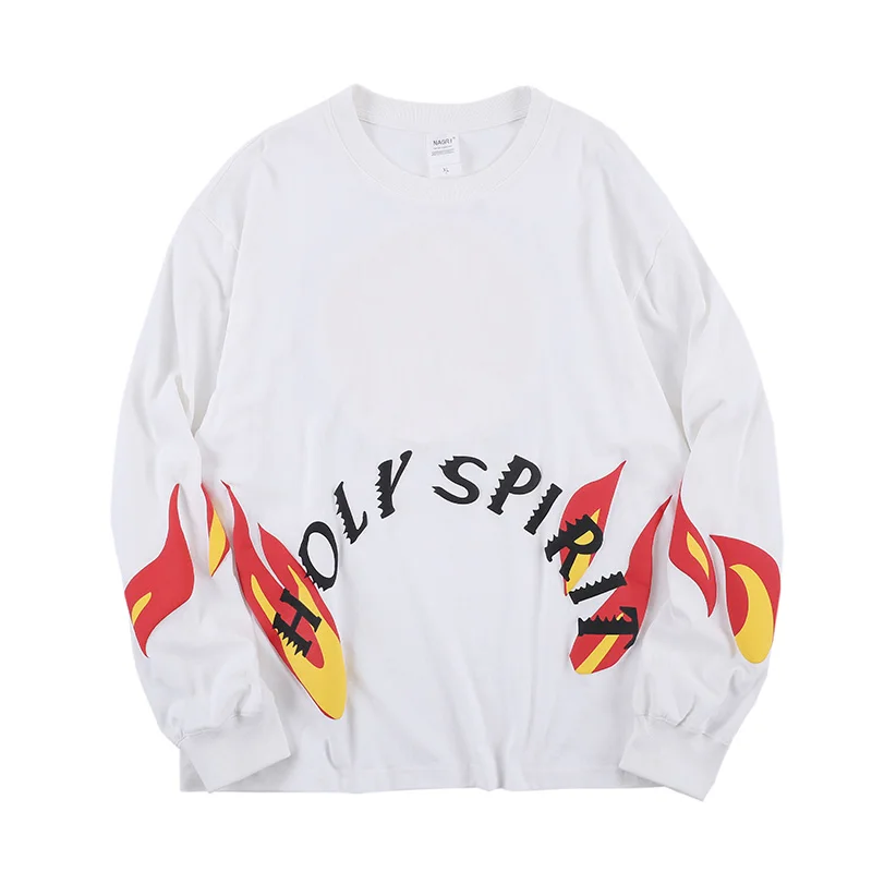 

Kanye West духа пламени печати мужская футболка с длинным рукавом О-образным вырезом, повседневная обувь для влюбленных; Футболки в стиле хип-хо...