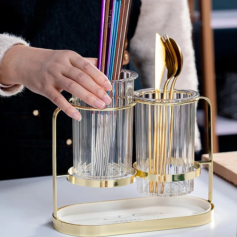 

European Glass Chopsticks Home Kitchen Racks Golden Tableware Storage Box Drain Chopsticks Kitchen Knife Fork Storage Tools