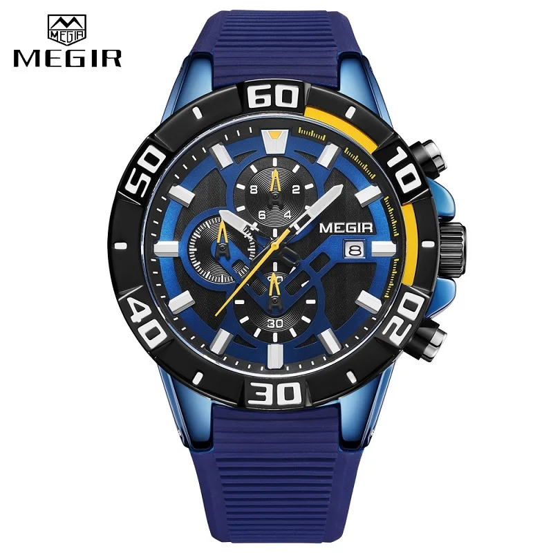 Blue Топ MEGIR новые часы мужские спортивные водонепроницаемые аналоговые кварцевые мужские часы с хронографом Роскошные военные мужские наручные часы - Цвет: Blue