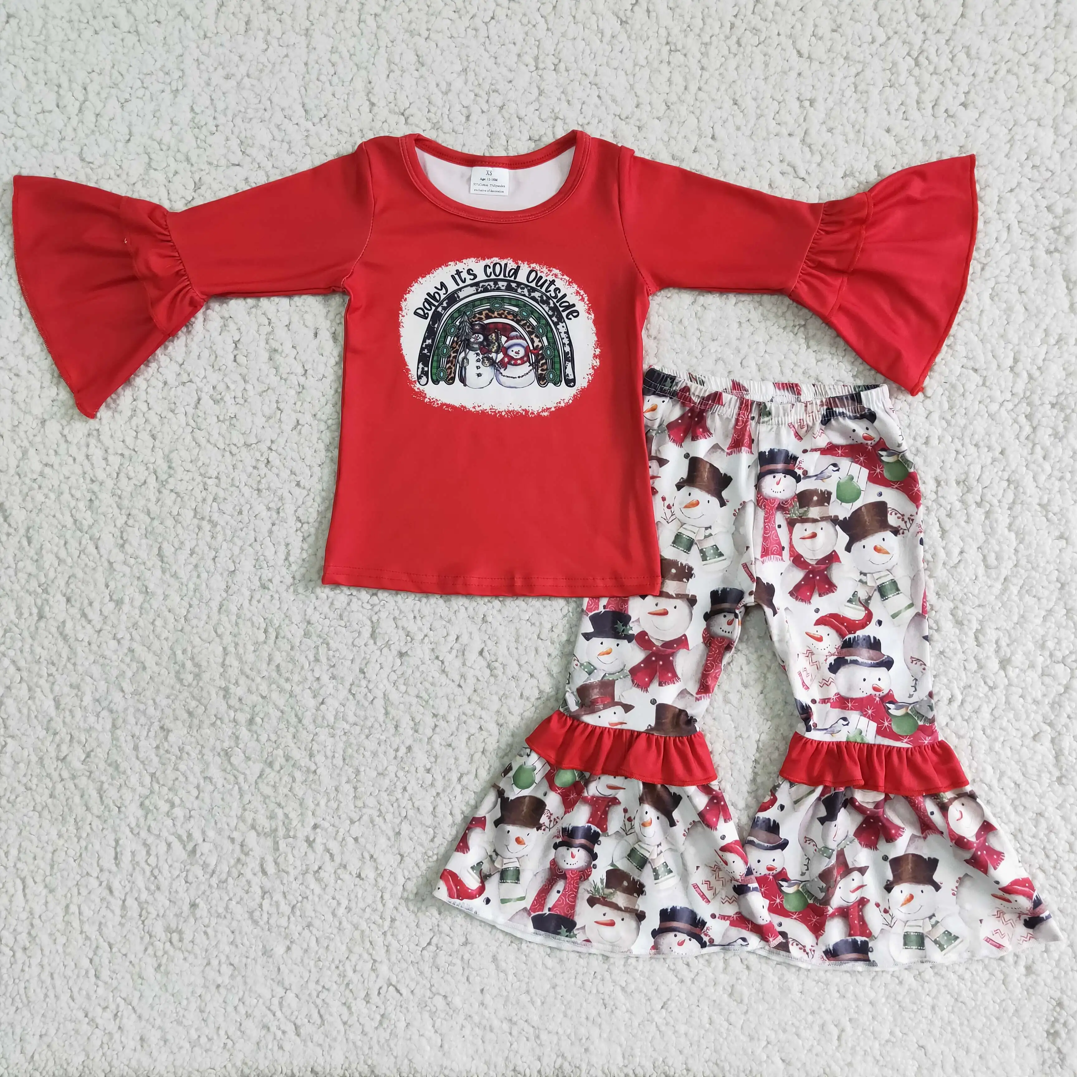 

Boutique Clothing Children Christmas Bell Bottoms Baby Girl Snowman Print Kids Sets Red Ruffle 2 PCS Suit RTS Teenage Clothes