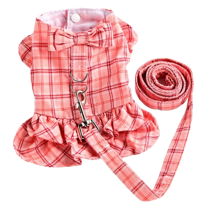 

Summer Thin Cotton Plaid Dog Dress Harness with leash Pet skirt Dog Clothes