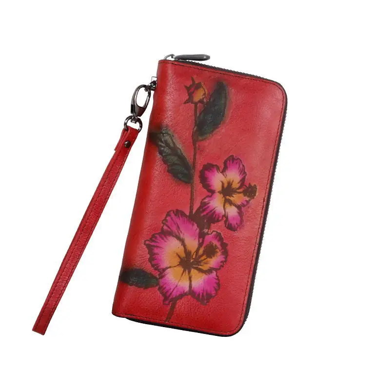

New style flower fashion ladies wallet first layer cowhide multifunctional card slot long wallet