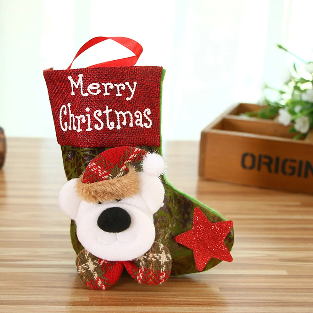 

4pcs Christmas Sock Shape Candy Bags Santa Snowman Elk Bear Pattern Xmas Imitation Leather Socks Gifts Bag Hanging Decor for