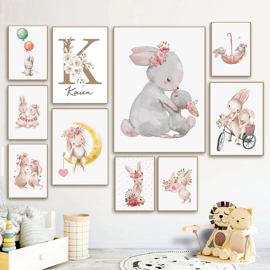 

Custom Baby Bunny Poster Painting Nursery Wall Art Print Animal Rabbit Canvas Painting Flower Wall Picture Decoration Girl Room