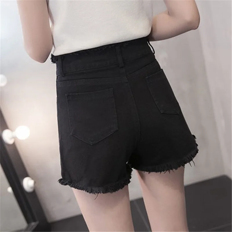 

Pure Color Spring and Autumn Loose High Waist Thin Section Ripped Straight Fashion Casual Sexy Five-point Denim Female Shorts