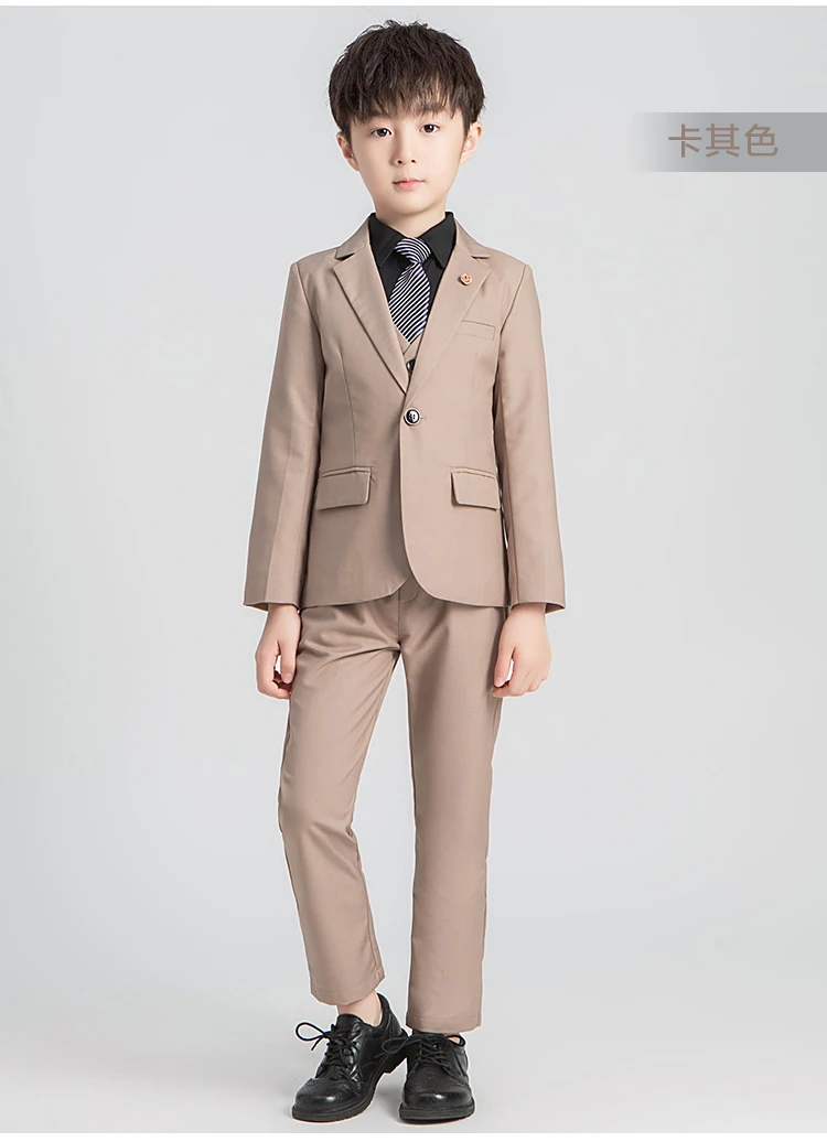 B khaki 3pcs Деловой костюм с цветами для мальчиков детское платье для свадебной вечеринки детский Блейзер, жилет, брюки костюм-смокинг из 3 предметов Детский Школьный костюм для церемонии - Цвет: B khaki 3pcs
