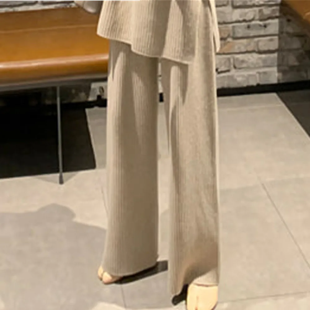 

2021 New Fashion Spring Women's Thickened Warm Knitted Pullover Two Piece Suit + High Waist Loose Wide Leg Pants Suit