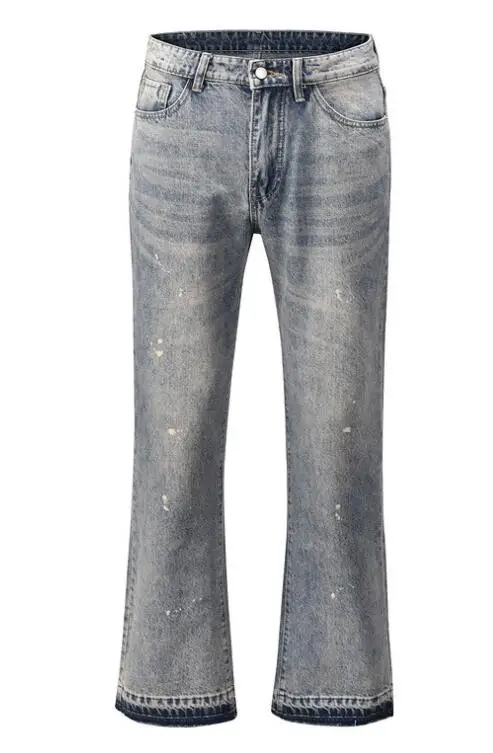 Mens Splash Ink Wash Ripped Flared Jeans Wide Leg Denim Pants Flare Jeans Retro Casual Jeans High Street Spliced Men Jeans