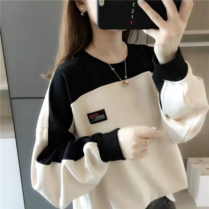 

Cotton Loose Casual Large Size Early Spring New Fashion Korean round Neck Color Matching Early Autumn Hoodie with Sleeves