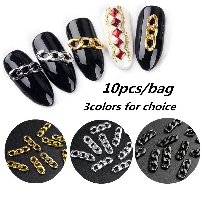 

10pcs/set DIY Creative Gift for Girl Women Punk Style Figaro Chain Gold Silver Black Nail Sticker Nail Styling Tools Manicure