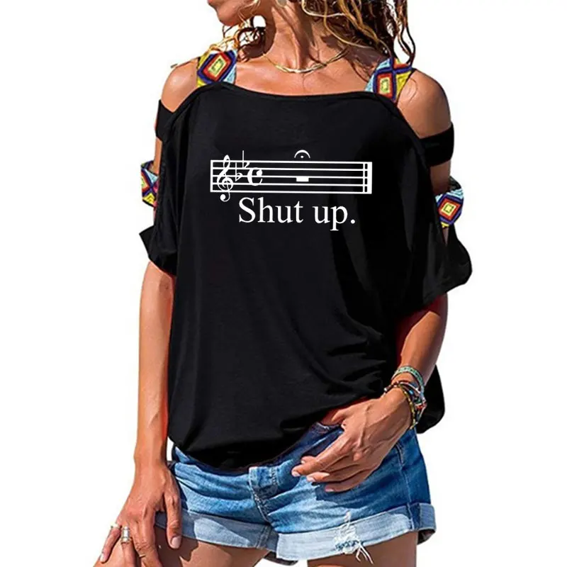 

womens Short sleeve Casual Om Aum Silhouette T-shirt Summer Fashion clothing t shirt women's Sexy Hollow Out Shoulder shirt