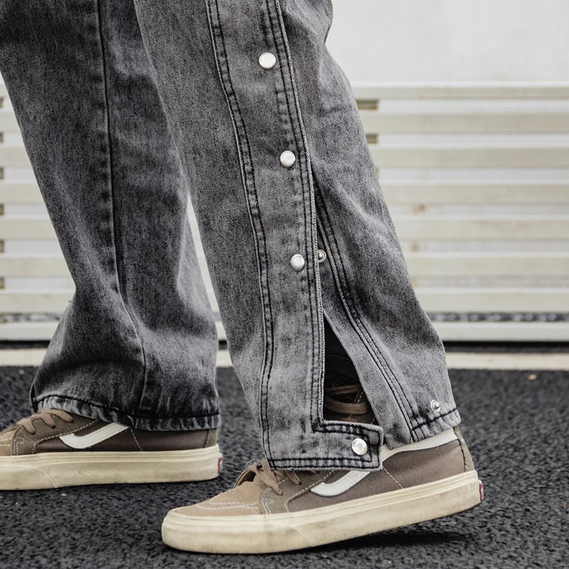 Korean Fashion Side Button Vintage Grey Men Hip Hop Jeans Trousers Washed Straight Casual Denim Pants Elegant Pantalon Homme