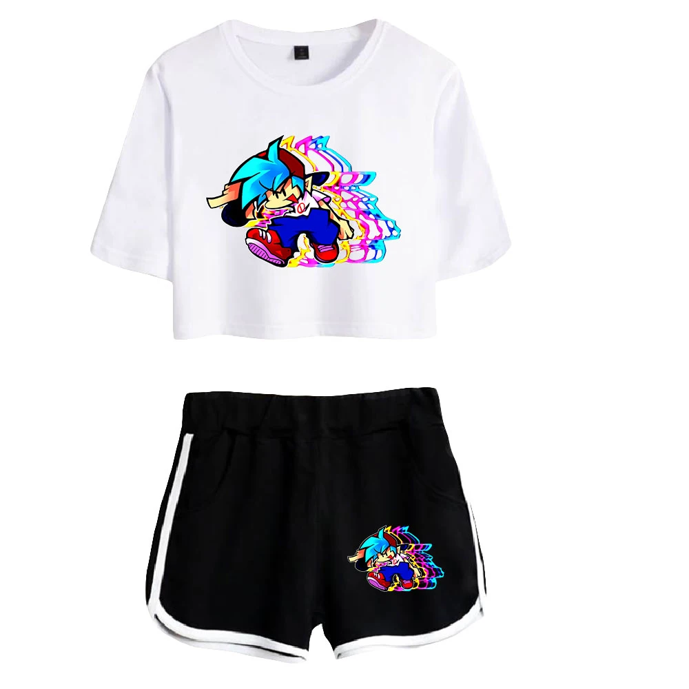

Cartoon Novelty Game Friday Night Funkin Print Two Piece Set Women Sexy Shorts+lovely T-shirt Cute Dew navel Sport Girl suits