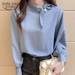 Женская шифоновая блузка с бантом на воротнике, Однотонная синяя офисная блузка с бисером и длинным рукавом-фонариком, 11022