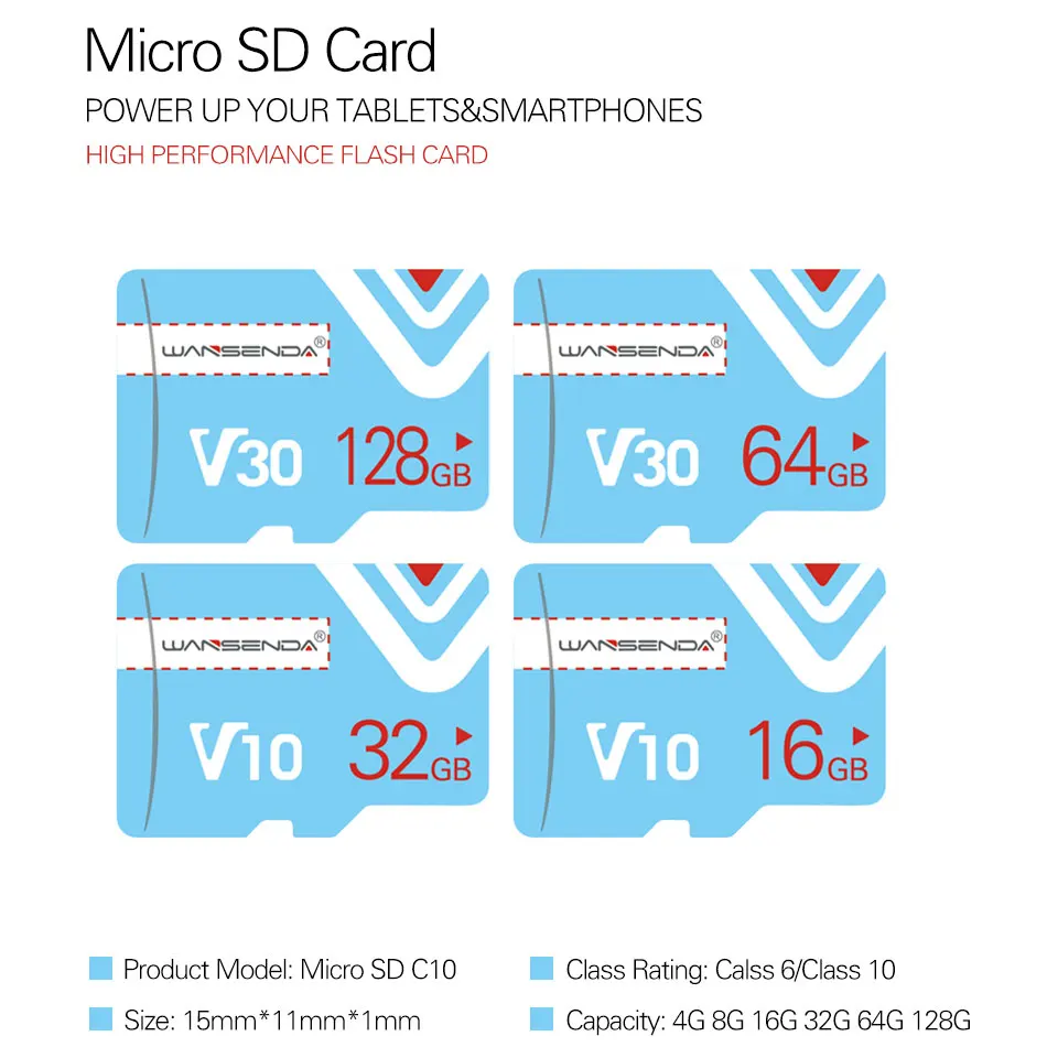 WANSENDA карта памяти 64 ГБ 128 Microsd 32 16 8 класс 10 флеш Micro SD TF для смартфонов/планшетных