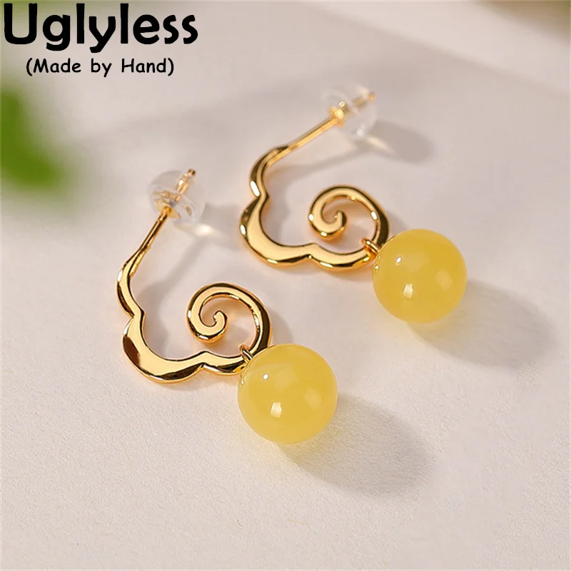 

Uglyless Gold Lucky Clouds Studs Earrings for Women Chicken Oil Beeswax Balls Earrings Real 925 Sterling Silver Brincos Gemstone