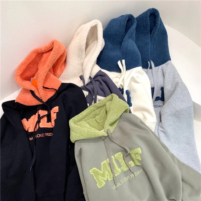 

Women Patchwork Hoodies Fashion MILF Letter Print Embroidery Lamb Wool Pullovers Female Korean Style Hooded Sweatshirts 2021