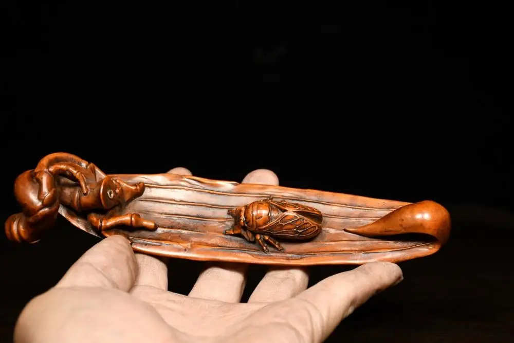 

Home Decor 8" Old Boxwood Pure Hand-Carved Cicada statue Boat incense fork incense burner Backflow incense