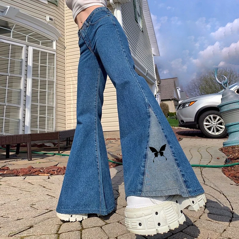 

2021 Streetwear Vintage Y2K Baggy Flare Jeans Jogger Women Patchwork Butterfly Print Denim Sweatpants Harajuku Trousers