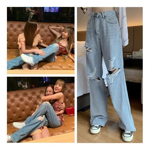 

kpop Korean Celebrity same new Fashion broken holes slim high waist jeans women summer streetwear loose wild Wide leg jeans